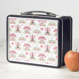 Eiffel Tower Flowers Pink Hearts Paris French Metal Lunch Box