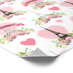 Eiffel Tower Flowers Pink Hearts Paris French Poster