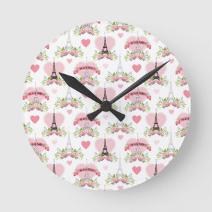 Eiffel Tower Flowers Pink Hearts Paris French Round Clock