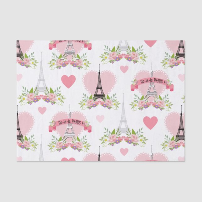 Eiffel Tower Flowers Pink Hearts Paris French Tissue Paper (Front)