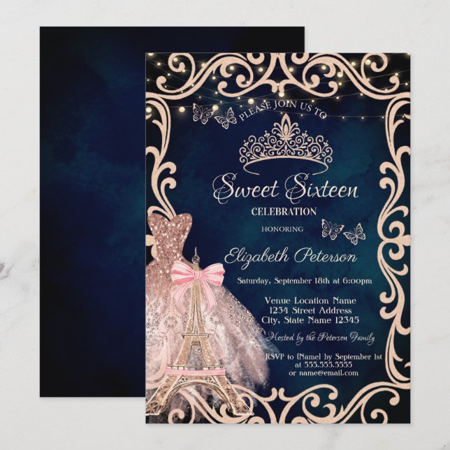 Eiffel Tower Frame Dress Glitter Butterfly Blue Invitation (Front/Back)