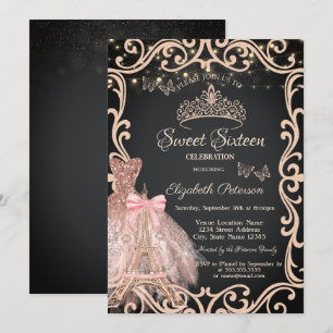 Eiffel Tower Frame Dress Glitter Butterfly  Invitation