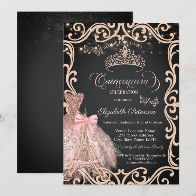 Eiffel Tower Frame Dress Glitter Butterfly  Invitation (Front/Back)