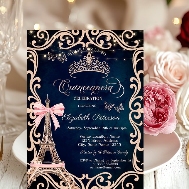 Eiffel Tower Frame Glitter Butterfly Blue  Invitation (Creator Uploaded)