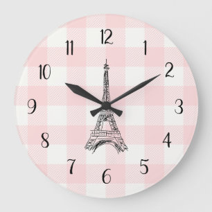 Eiffel Tower French Country Pink Gingham Pattern Large Clock