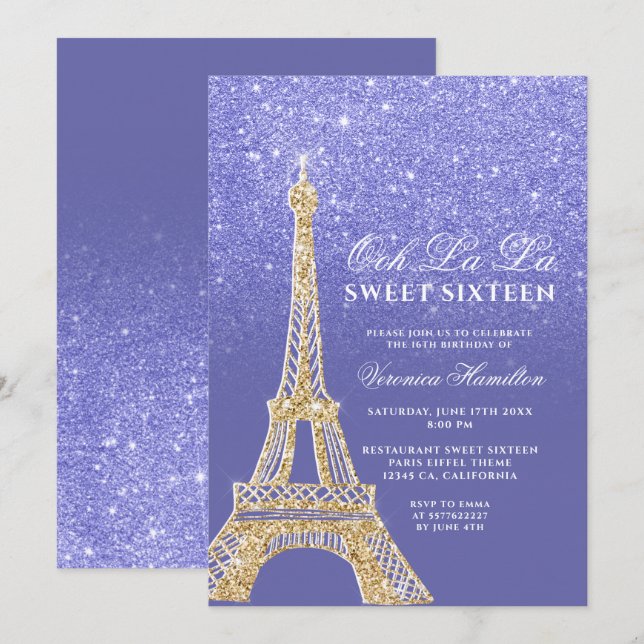 Eiffel tower gold glitter blue purple Sweet 16 Invitation (Front/Back)