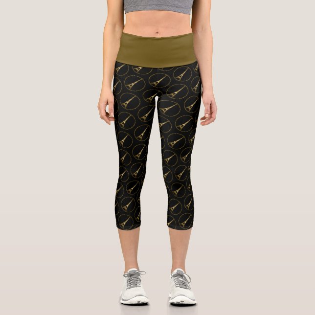 Eiffel Tower gold glitter sparkles black pattern Capri Leggings (Front)