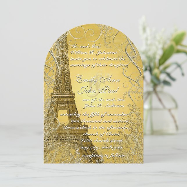Eiffel Tower Gold Swirl Leaves Burnt Gold Metallic Invitation (Standing Front)