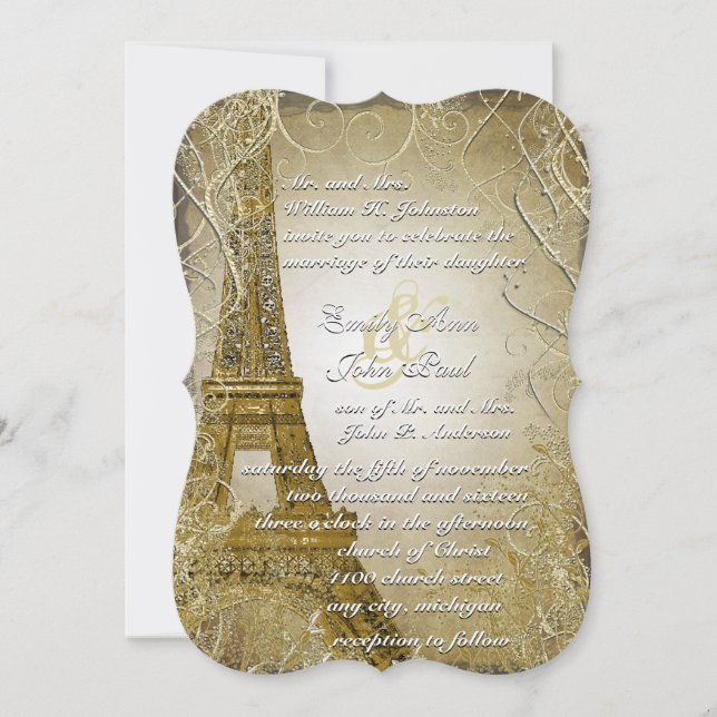 Eiffel Tower Gold Swirl Leaves Burnt Gold Metallic Invitation (Front)