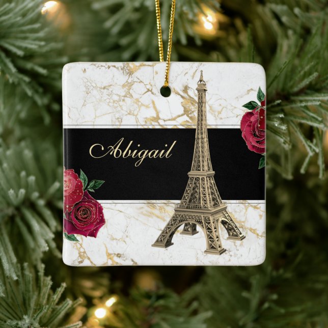 Eiffel Tower Gold, White Marble Rose Christmas Ceramic Ornament (Tree)