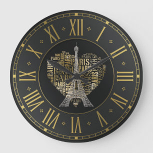 Eiffel Tower   Golden Inscriptions Paris in Heart Large Clock