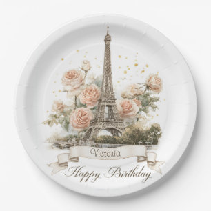 Eiffel Tower "Happy Birthday" with Custom Name Paper Plate