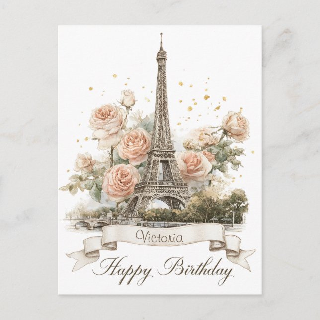 Eiffel Tower "Happy Birthday" with Custom Name Postcard (Front)