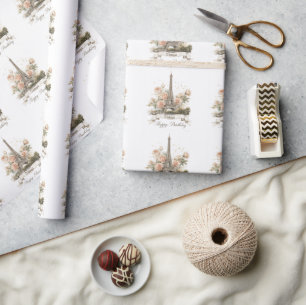 Eiffel Tower "Happy Birthday" with Custom Name Wrapping Paper