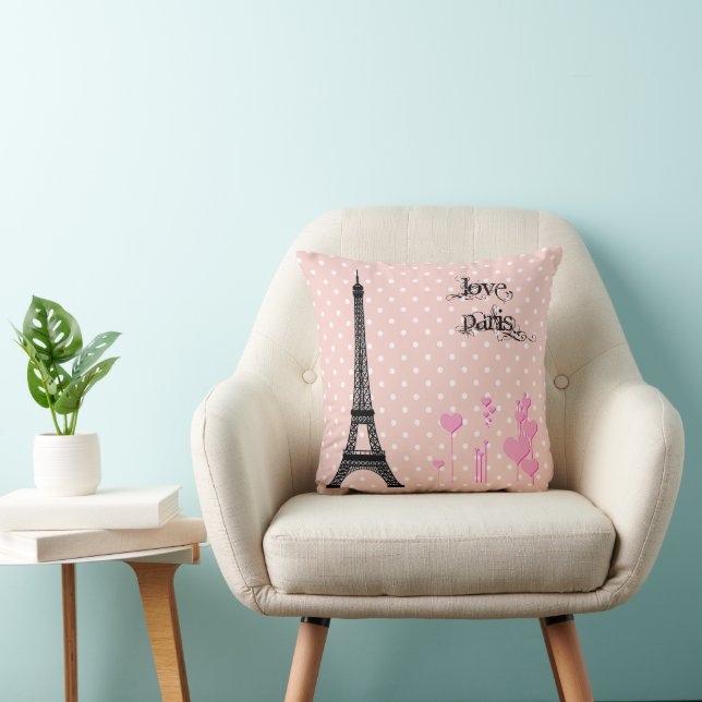 Eiffel Tower, Hearts, Polka Dots - Black Pink Cushion (Chair)