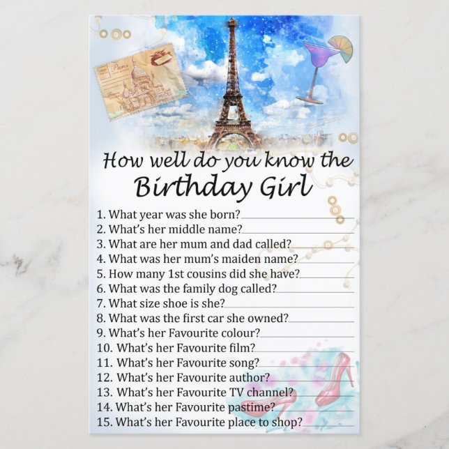 Eiffel tower How well do you know the birthdaygirl (Front)