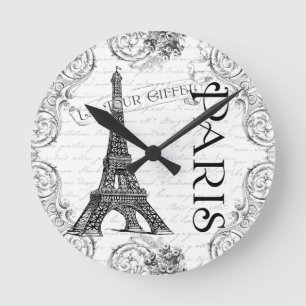 Eiffel Tower in Black and White Round Clock