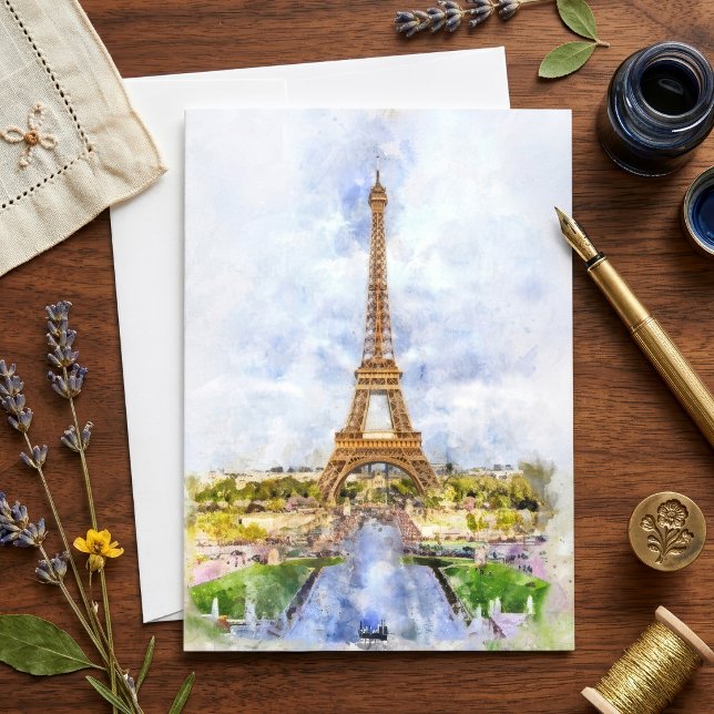 Eiffel Tower in Paris during sunset nr2 Thank You Card (Sunset Eiffel Tower Paris French Watercolor. Thank You Card)