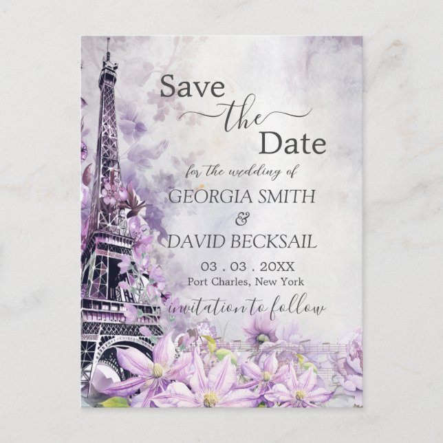 Eiffel Tower Lavender Romance Save the Date Postcard (Front)
