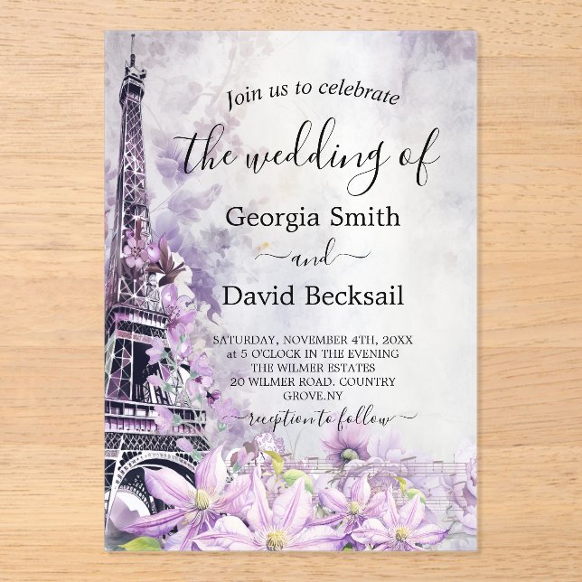 Eiffel Tower Lavender Romance Wedding Acrylic Invitations (Front)