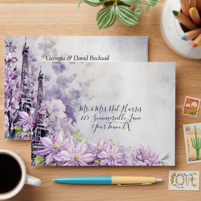 Eiffel Tower Lavender Romance Wedding Envelope (Desk)