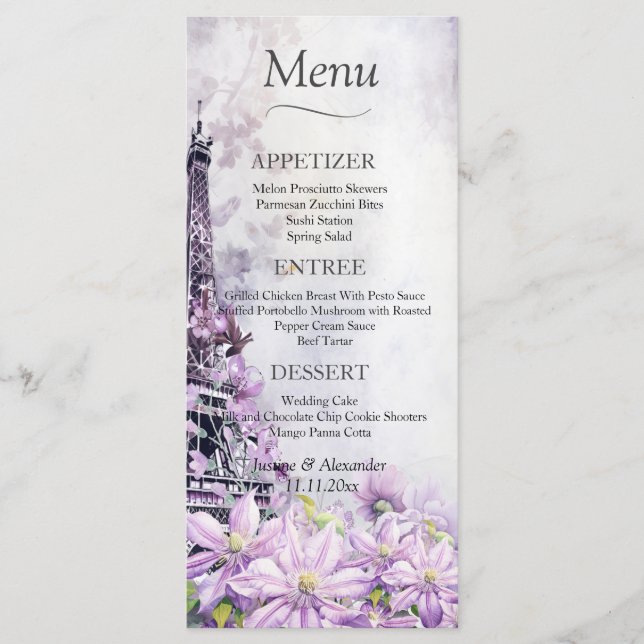 Eiffel Tower Lavender Romance Wedding Menu (Front)