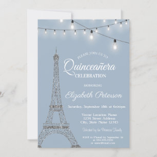  Eiffel Tower,Lights Dusty Blue Quinceañera  Invitation