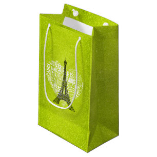 Eiffel Tower Love Paris Green Glitter Small Gift Bag