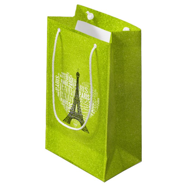 Eiffel Tower Love Paris | Green Glitter Small Gift Bag (Front Angled)