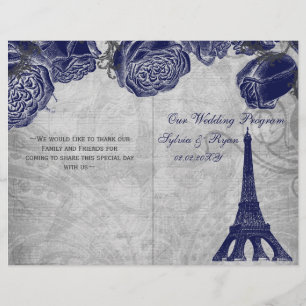Eiffel tower navy silver folded Wedding program