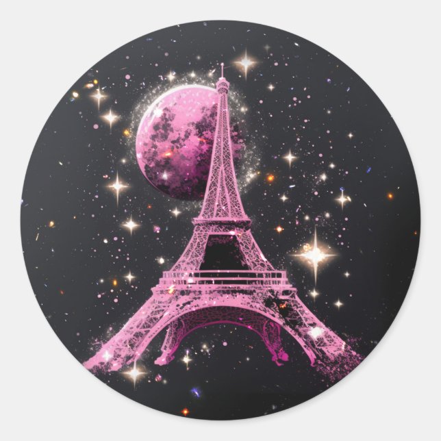Eiffel Tower Night Moon           Classic Round Sticker (Front)