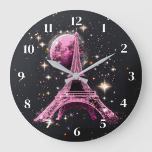 Eiffel Tower Night Moon           Large Clock