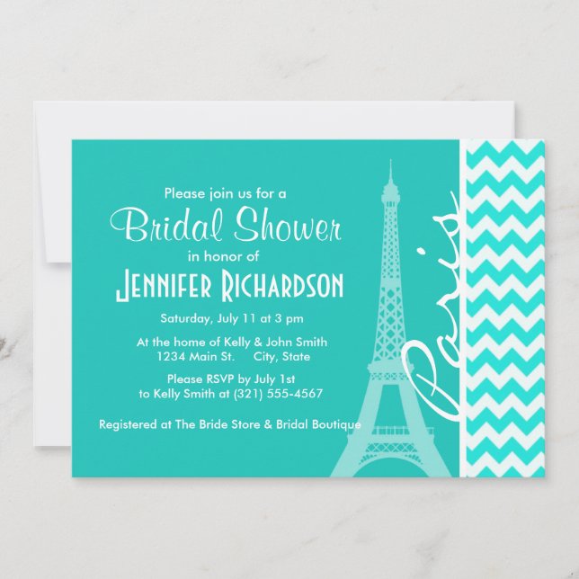 Eiffel Tower on Aqua Colour Chevron Invitation (Front)