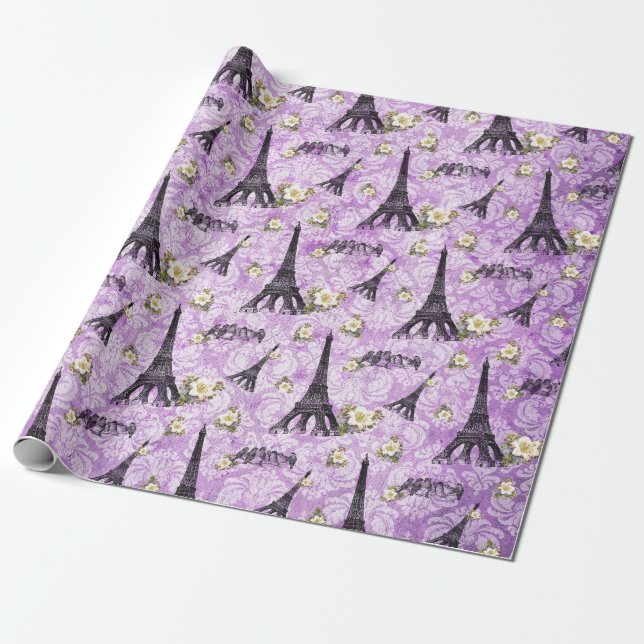 Eiffel Tower on Purple Damask Wrapping Paper (Unrolled)
