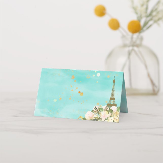 Eiffel Tower Paris Birthday Mint Aqua Gold  Place Card (Front)