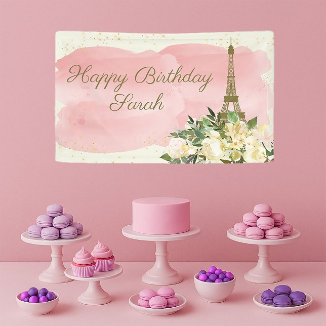Eiffel Tower Paris Birthday Pink Gold Glitter Banner (Paris/Eiffel Tower birthday party banner)