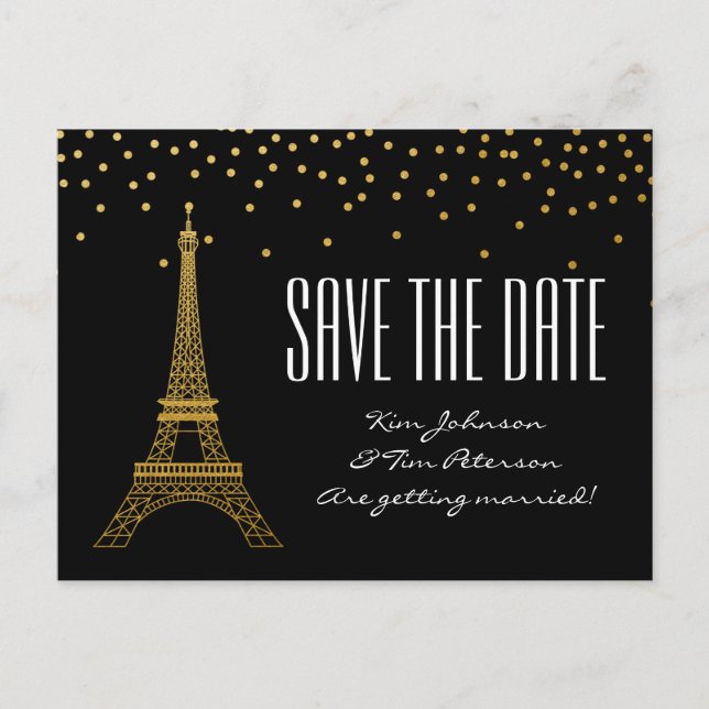 Eiffel Tower Paris Black Gold Save The Date Announcement Postcard (Front)