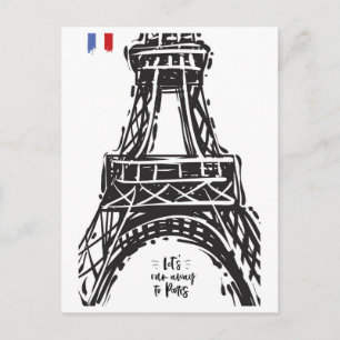 *~* Eiffel Tower Paris Black Outline White Postcard