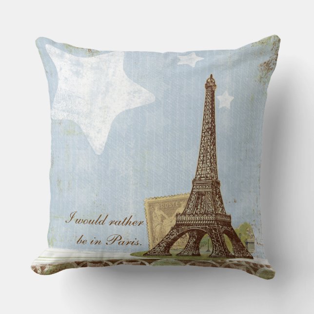 Eiffel Tower Paris Blue and Chocolate Throw Pillow (Front)