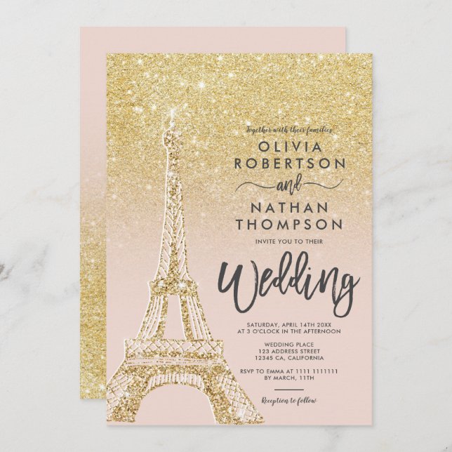Eiffel tower Paris chic gold glitter pink wedding Invitation (Front/Back)