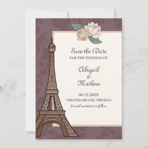 Eiffel Tower Paris Floral Damask Muted Purple Save The Date