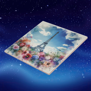Eiffel Tower Paris Floral Watercolor Ceramic Tile