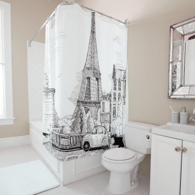 Eiffel Tower Paris France Pen Ink Illustration Shower Curtain (In Situ)