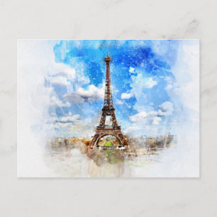 Eiffel Tower Paris France Watercolour Postcard