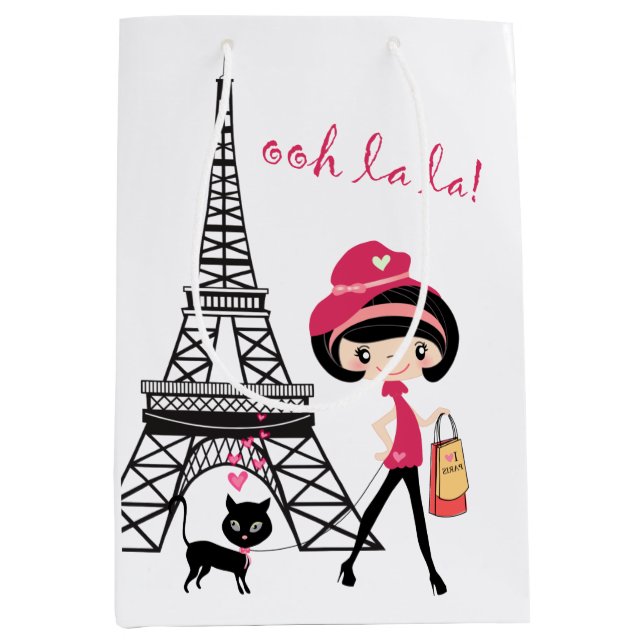 Eiffel Tower Paris Girl and Cat Black and Pink Medium Gift Bag (Front)