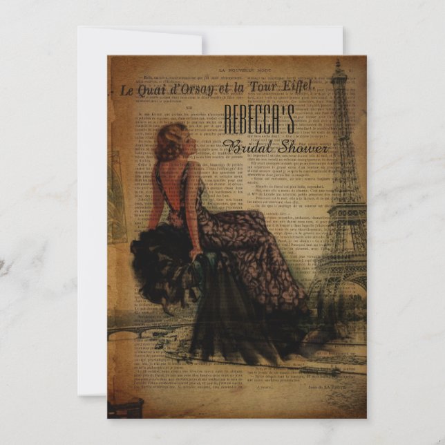 eiffel tower paris girl retro bridal shower invitation (Front)