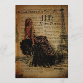 eiffel tower paris girl retro bridal shower invitation
