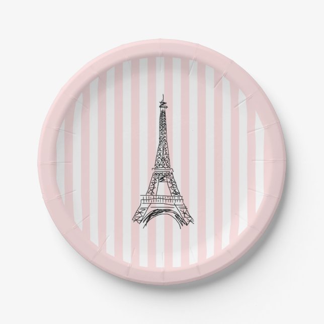 Eiffel Tower Paris Illustration Pink Stripe Paper Plate (Front)