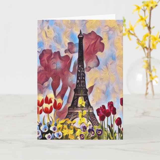 Eiffel Tower, Paris Iris, Tulips Spring Flowers Card (Yellow Flower)