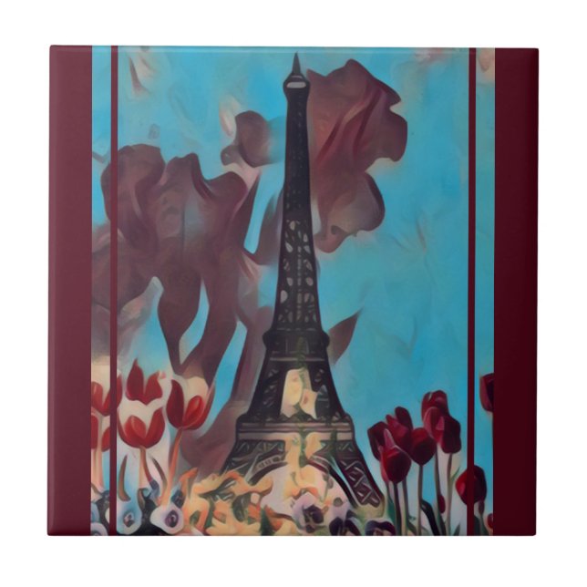 Eiffel Tower, Paris Iris, Tulips Spring Flowers Ceramic Tile (Front)